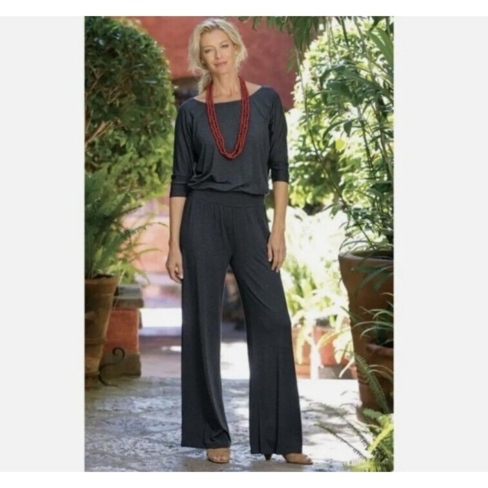 NEW Soft Surroundings Toujours Black Jumpsuit L 3/4 Sleeve Modal Jersey Stretch